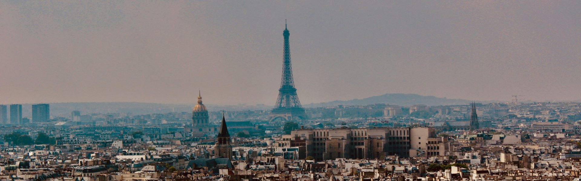 Explore the stunning panoramic cityscape of Paris with the iconic Eiffel Tower rising above the urban landscape.